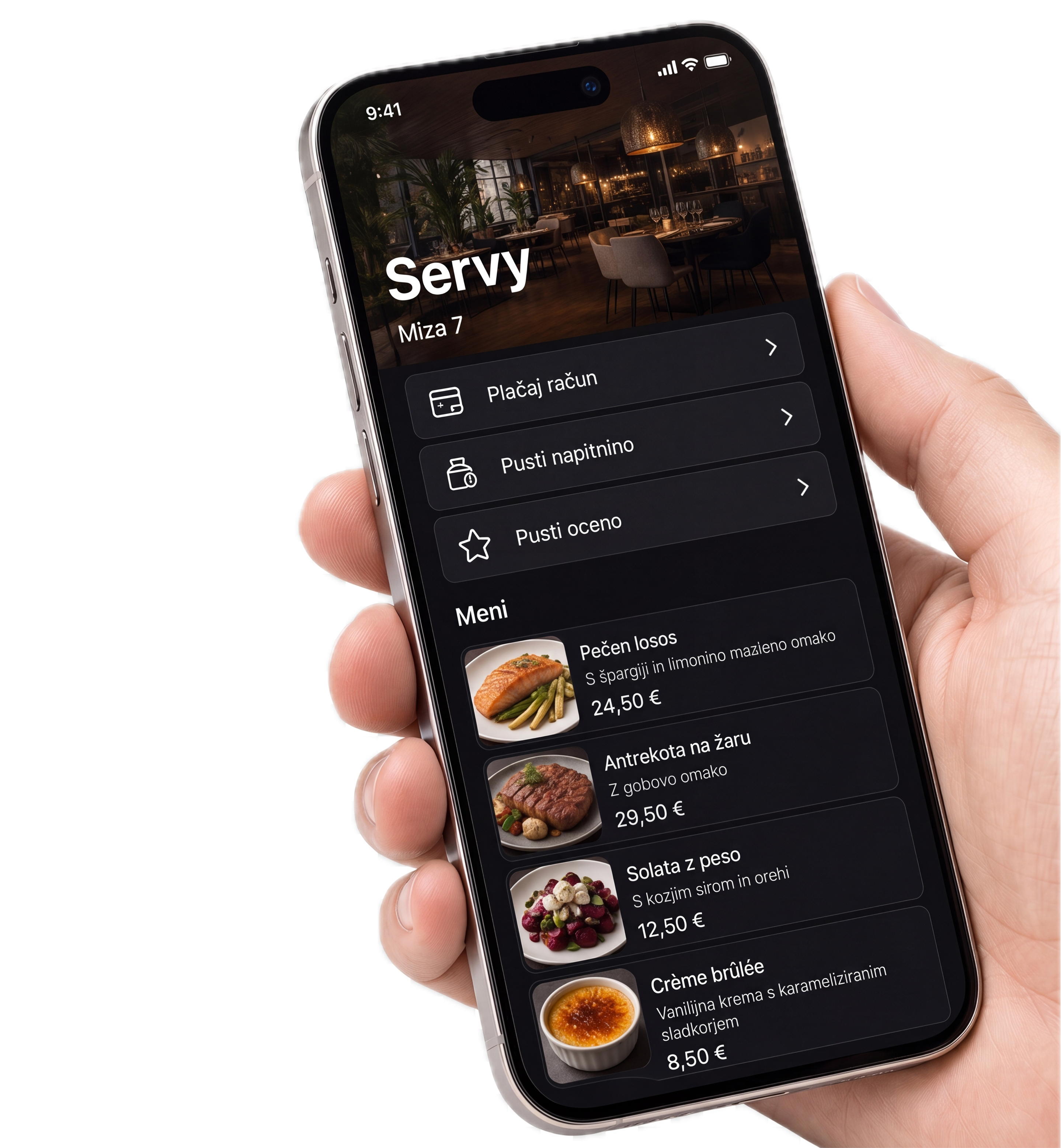 Servy aplikacija na telefonu poleg QR kode na mizi restavracije